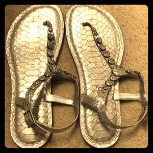 Bernado Python embossed silver sandals.